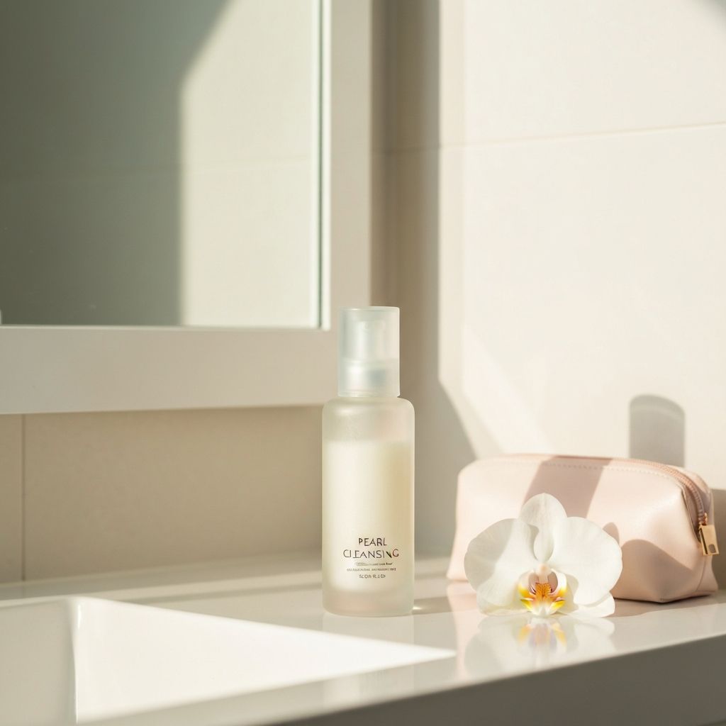 Mleczko oczyszczające perłowe na blacie łazienkowym